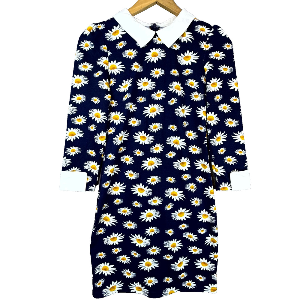 QED London Shift Dress Womens XS Navy Blue Daisy Floral‎ Hippie Garden Boho
